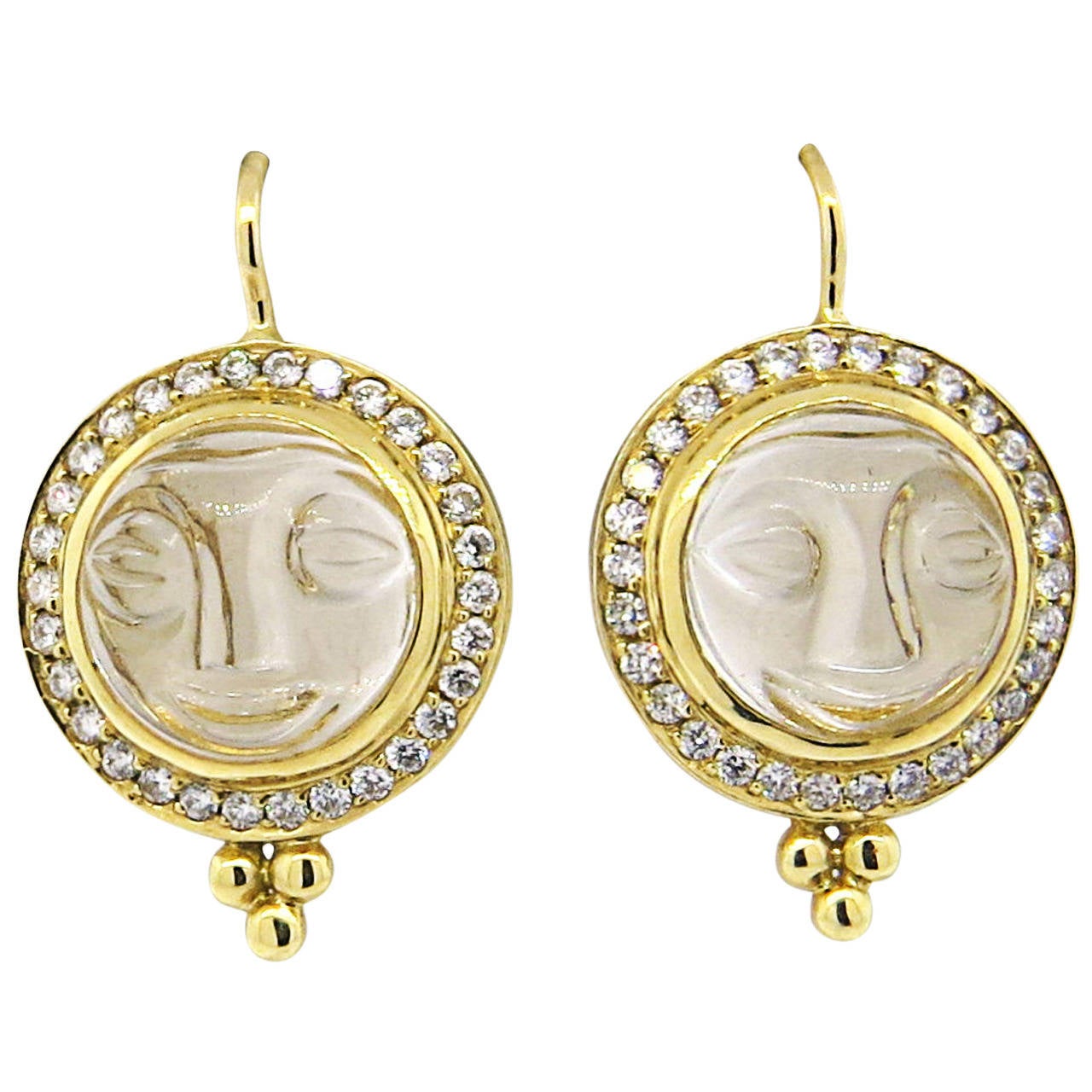Temple St. Clair Carved Crystal Diamond Gold Moonface Earrings