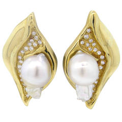 1970s Naturalistic Pearl Diamond Gold Earrings