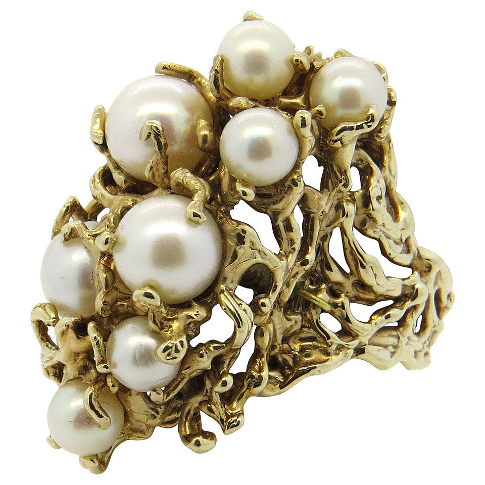 1970s Naturalistic Pearl Gold Cocktail Ring