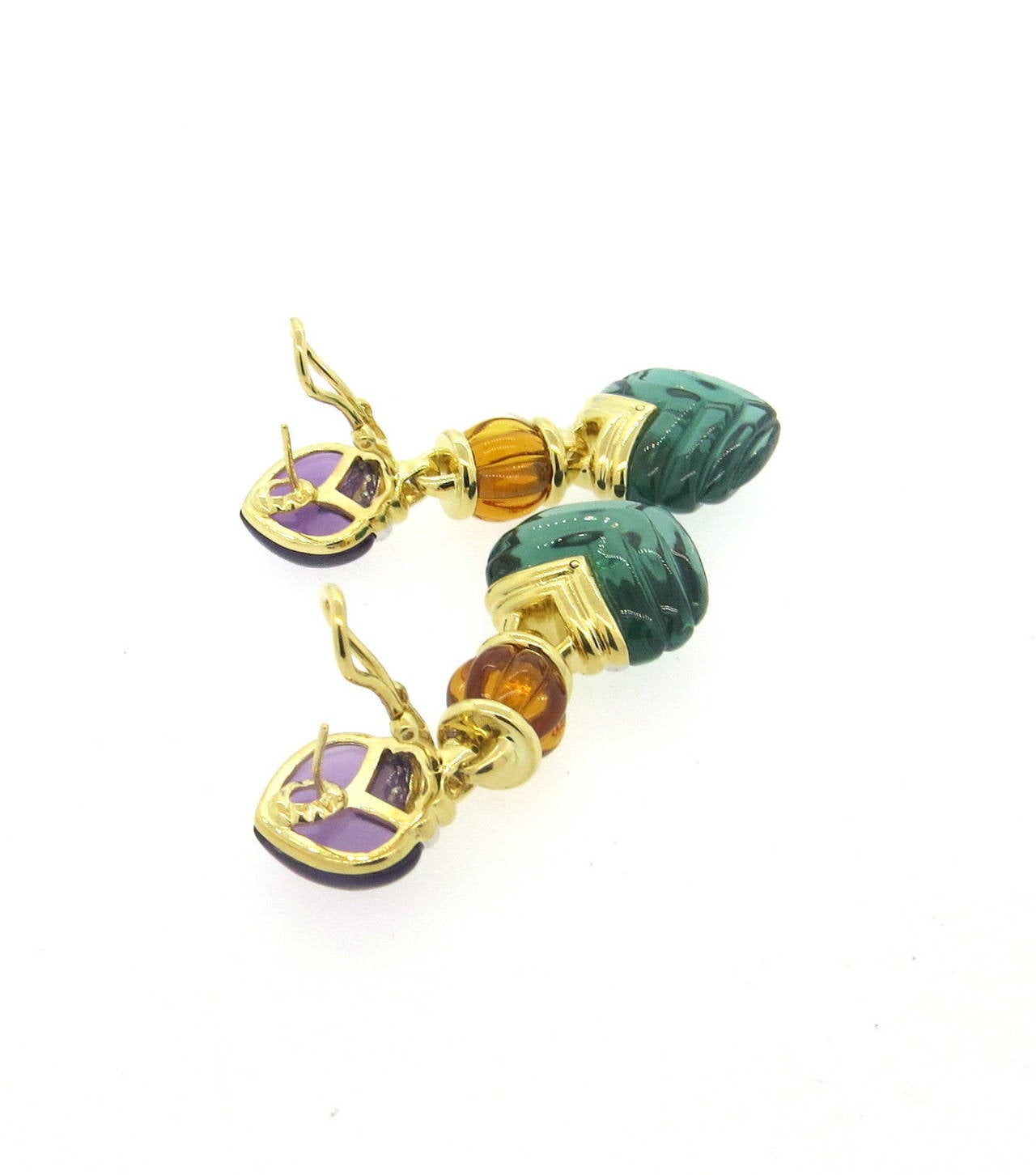 Colorful 18k gold drop earrings, crafted by Diane von Furstenberg, set with carved green amethyst, citrine and amethyst cabochons, decorated with diamonds. Earrings are 66mm long x 23mm wide. Weight - 38.8 grams