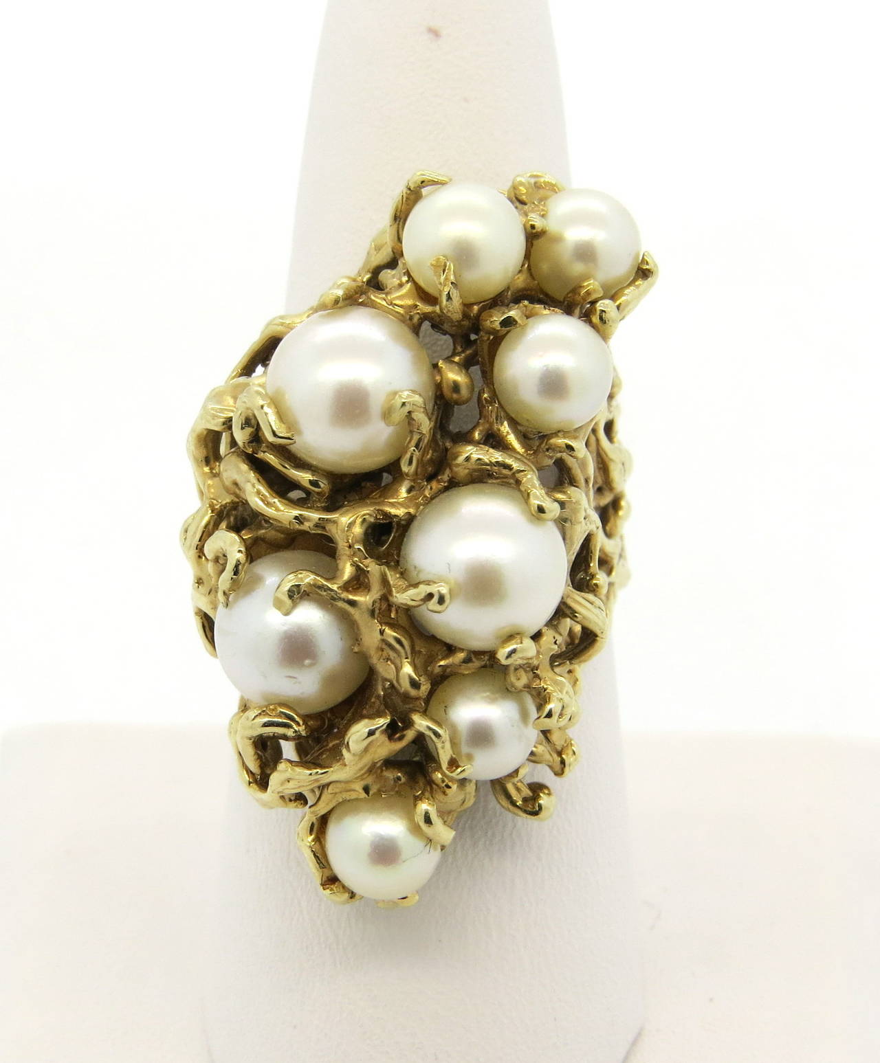 1970s Naturalistic Pearl Gold Cocktail Ring In Excellent Condition In Lambertville, NJ