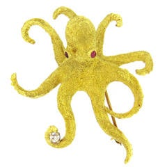 Whimsical Ruby Diamond Gold Octopus Brooch Pin