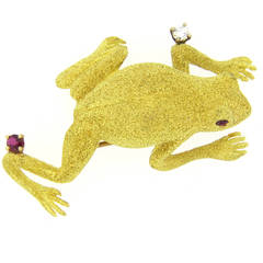 Whimsical Ruby Diamond Gold Frog Brooch Pin