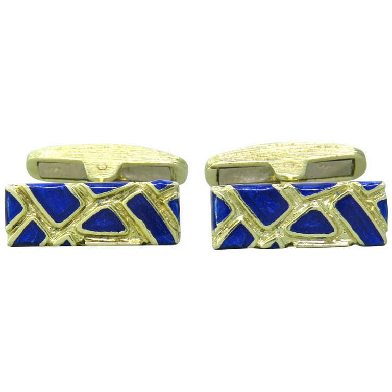 1970s Gold Blue Enamel Cufflinks