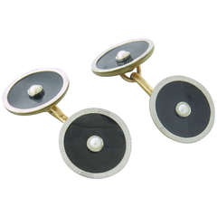 1920s Art Deco Gold Onyx Pearl Cufflinks 7