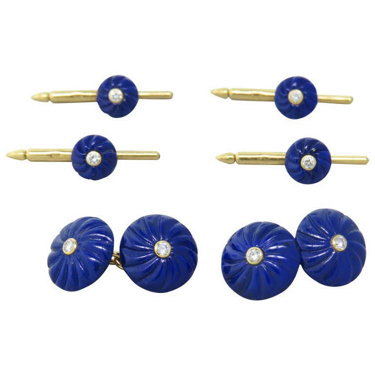 Trianon Gold Lapis Lazuli Diamond Cufflinks Stud Set