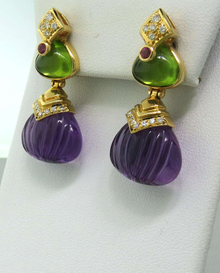 Amethyst Peridot Ruby Diamond Gold Drop Earrings At 1stdibs 18k Yellow Gold Drop Earrings Featuring Carved Amethyst Drops Peridot Cabochon Ruby And Diamonds
