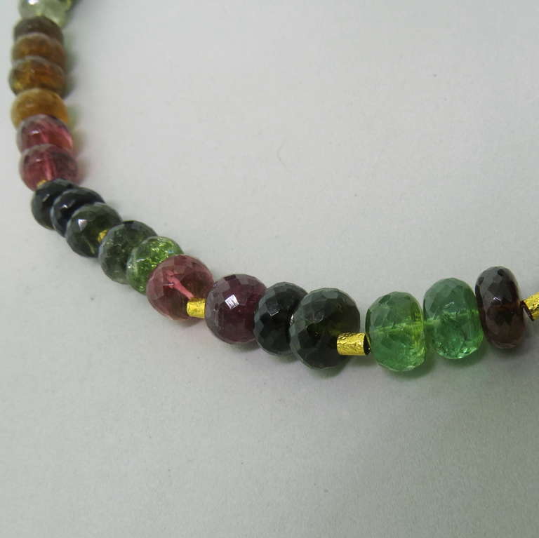 Multicolor Tourmaline Bead Gold Necklace In Excellent Condition In Lambertville, NJ