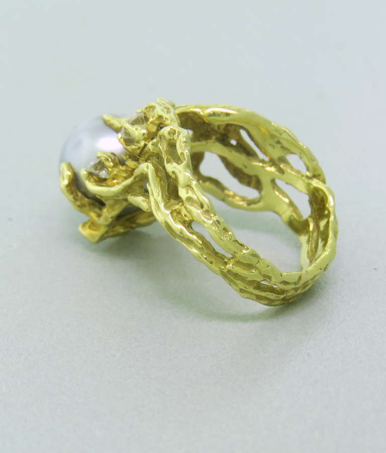 Arthur King Free Form Pearl Diamond Gold Ring In Excellent Condition In Lambertville, NJ