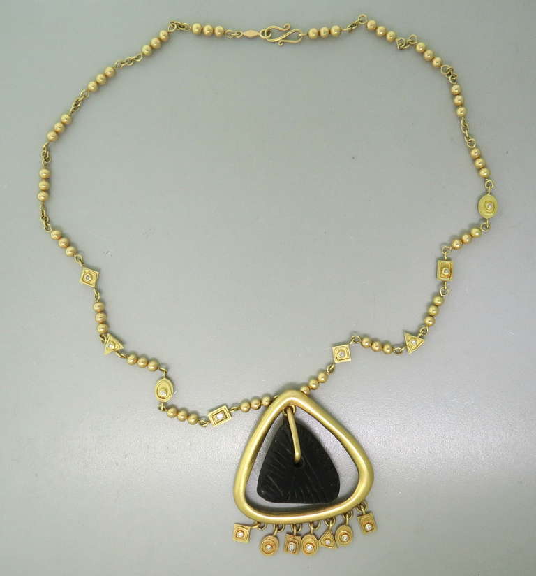 Artisan Diamond Gold Stone Pendant Necklace In Excellent Condition In Lambertville, NJ