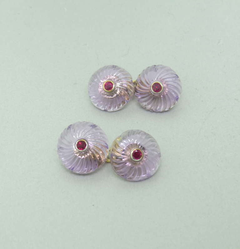 Trianon Carved Amethyst Ruby Cufflinks In Excellent Condition In Lambertville, NJ