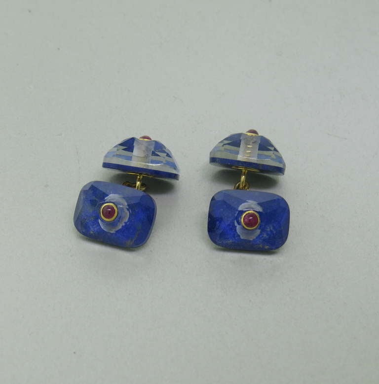 Trianon 18k gold cufflinks,featuring lapis,covered with rock crystal with a ruby in the center. Cufflink top is 14mm x 10.5mm. Marked with Trianon hallmark and 750. weight - 10.1g