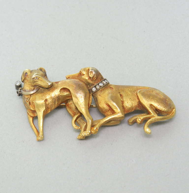 Art Nouveau Antique Gold Diamond Greyhound Dog Brooch Pin