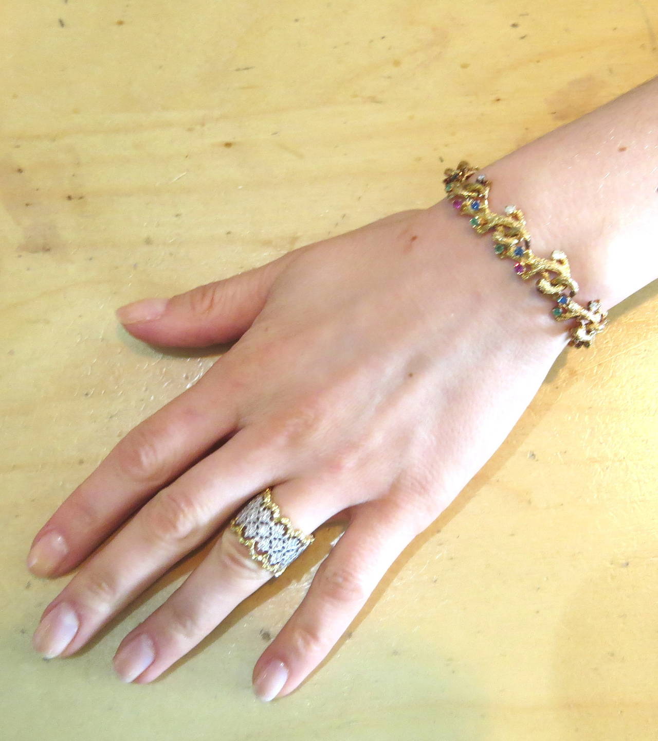 Naturalistic Gold Diamond Emerald Ruby Sapphire Bracelet 1