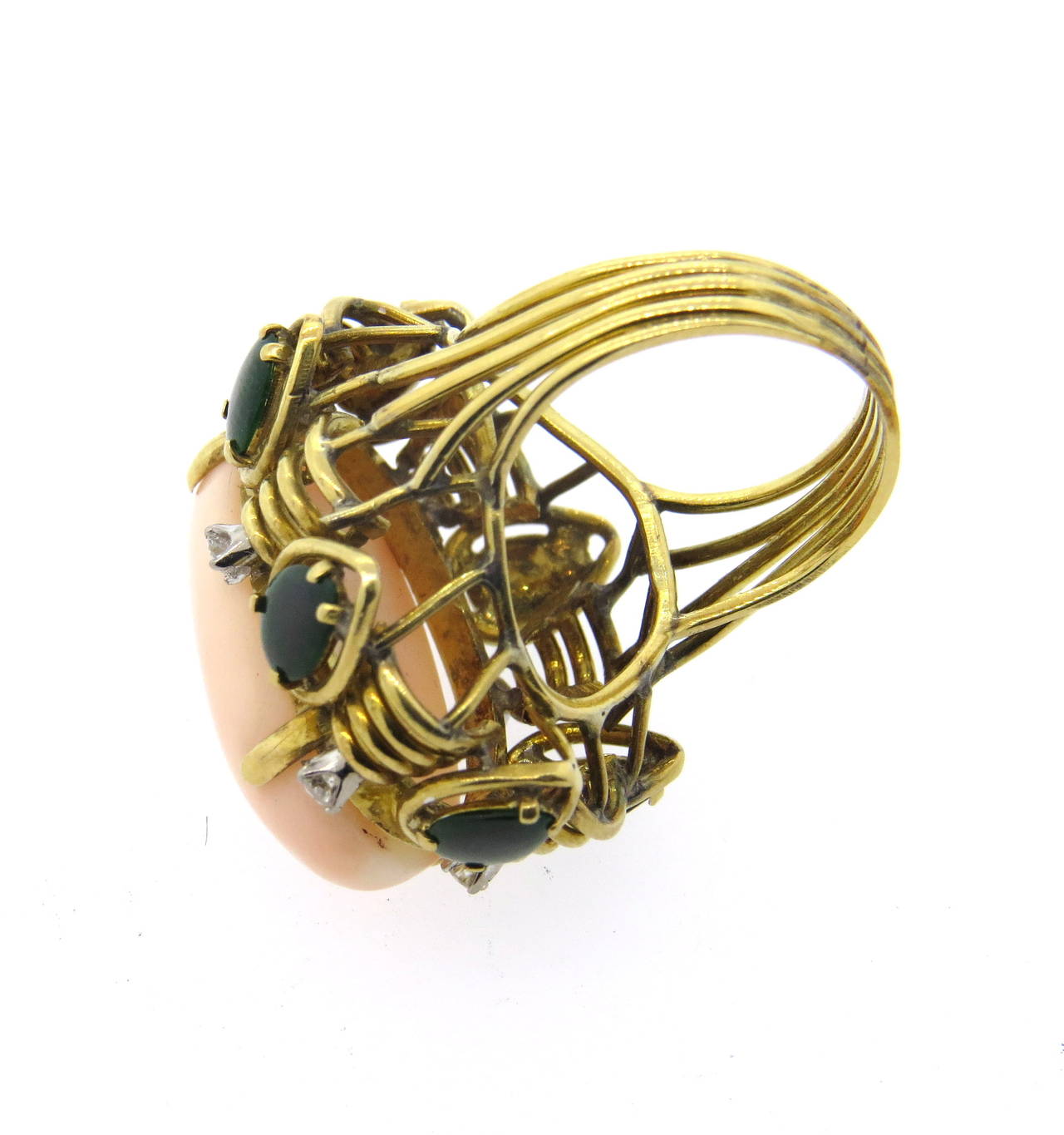 Women's 1960s Coral Jade Diamond Gold Cocktail Ring