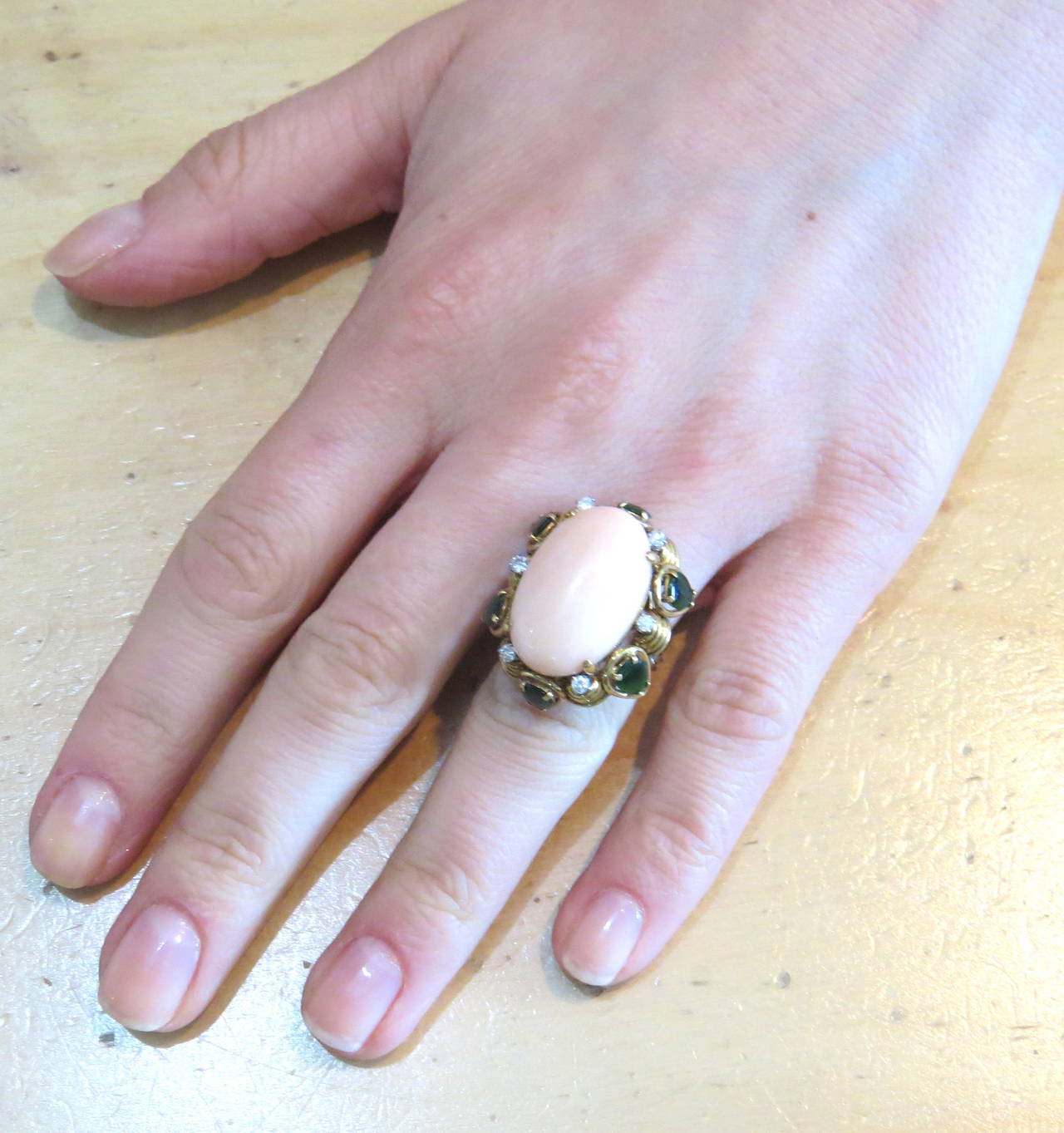 1960s Coral Jade Diamond Gold Cocktail Ring 1