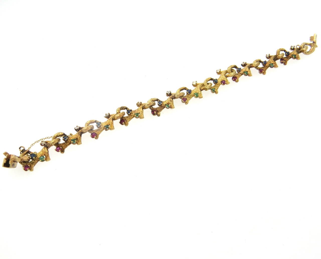 Naturalistic Gold Diamond Emerald Ruby Sapphire Bracelet In Excellent Condition In Lambertville, NJ