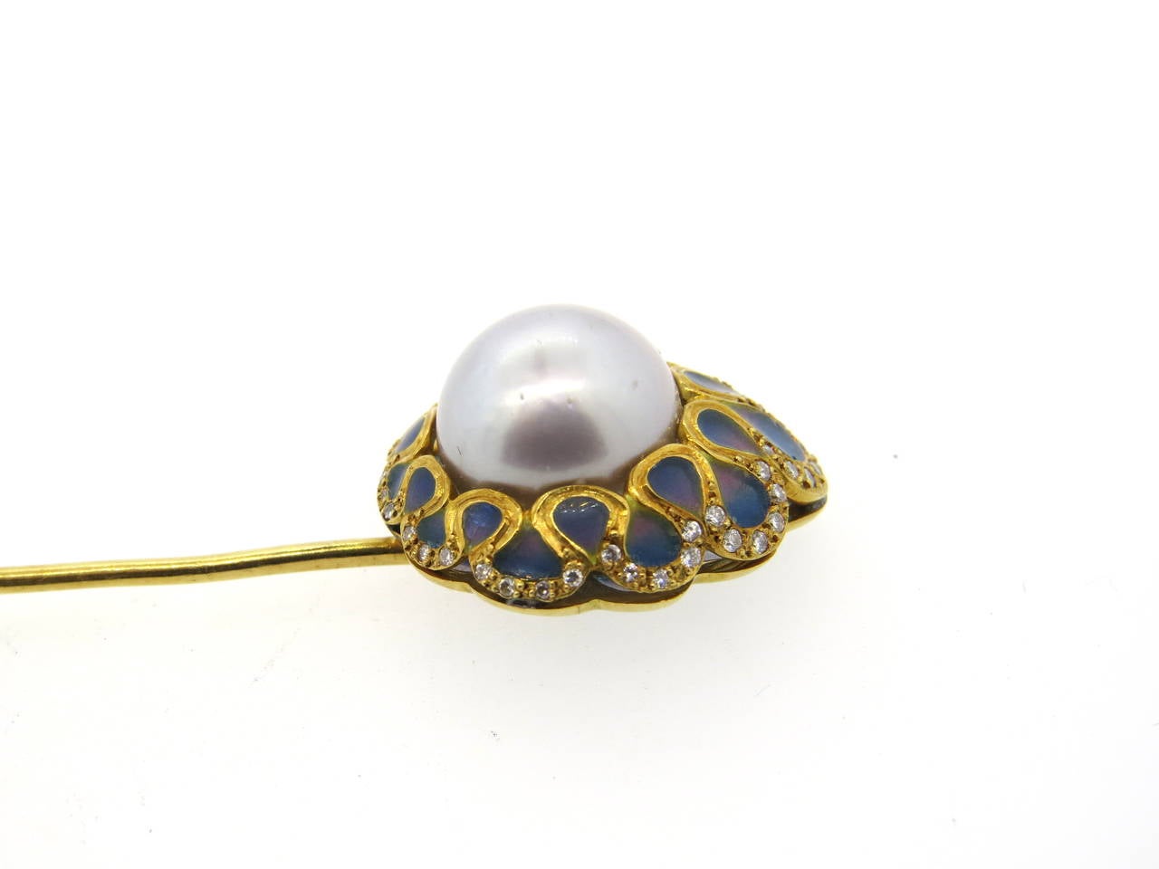 Women's Fine Plique a Jour Enamel South Sea Pearl Diamond Gold Stick Pin