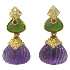 Amethyst Peridot Ruby Diamond Gold Drop Earrings