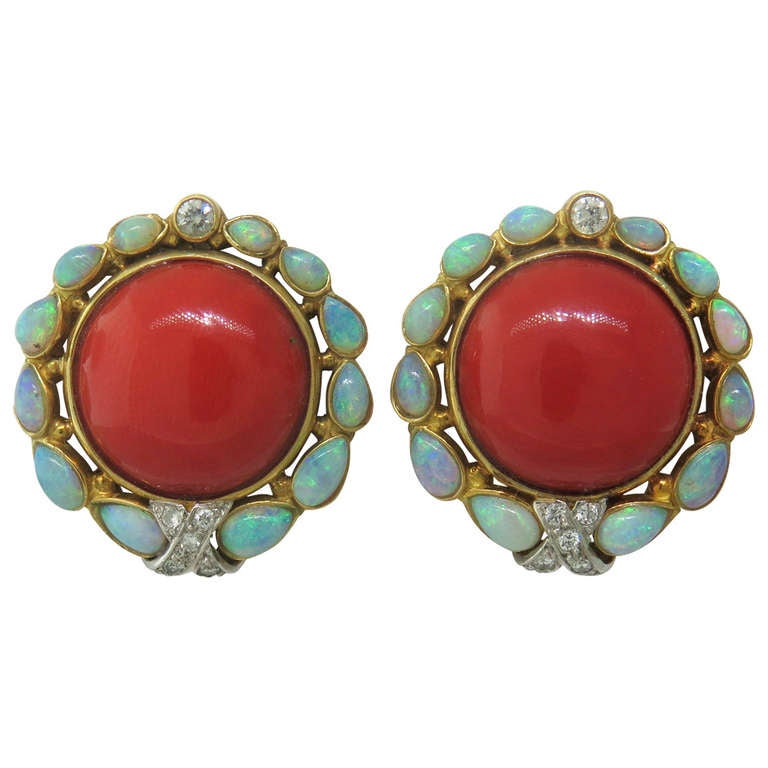 Opal Coral Diamond Gold Earrings