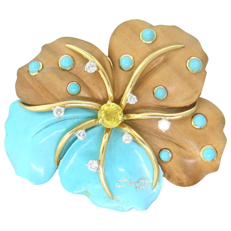 Seaman Schepps Wood Turquoise Sapphire Diamond Gold Flower Brooch Pin