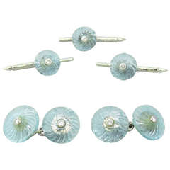Trianon Carved Aquamarine Diamond Cufflink Stud Dress Set