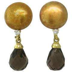 Trianon Gold Diamond Smokey Topaz Pearl Drop Earrings