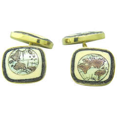 Vintage Trianon Gold Scrimshaw World Map Cufflinks