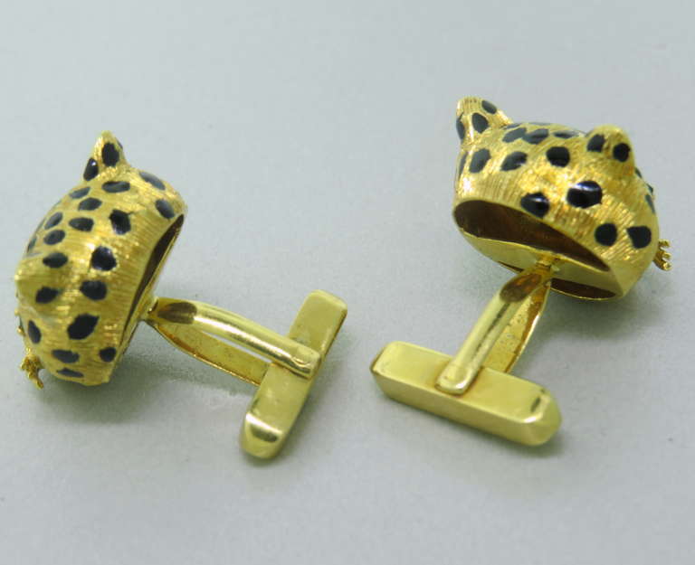 Schwarzer Emaille Diamant Smaragd Gold Jaguar Manschettenknöpfe