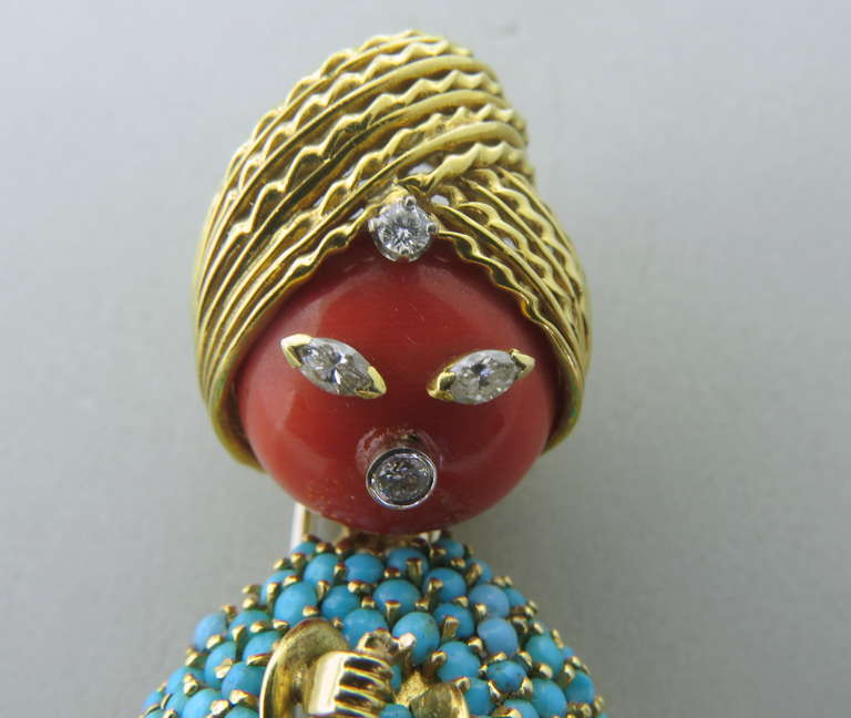 French 18k gold brooch, featuring hookah smoker,executed in colorful coral,turquoise and diamond accents. Brooch measures 50mm x 30mm . weight - 27.8g