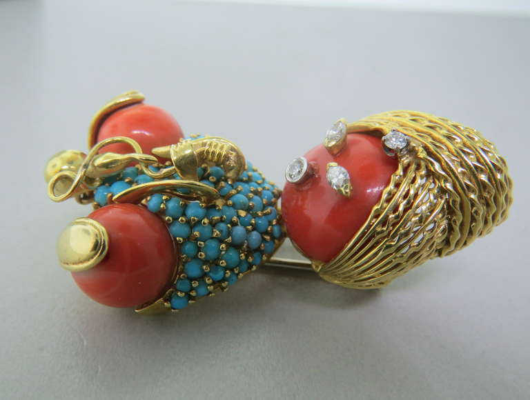 French Unusual Coral Diamond Turquoise Hookah Smoker Brooch Pin In Excellent Condition In Lambertville, NJ