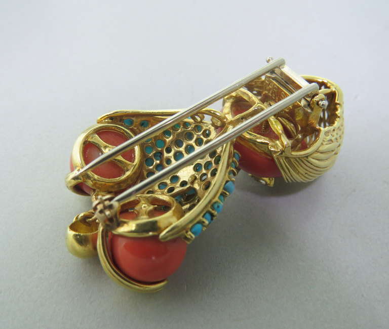 Women's French Unusual Coral Diamond Turquoise Hookah Smoker Brooch Pin