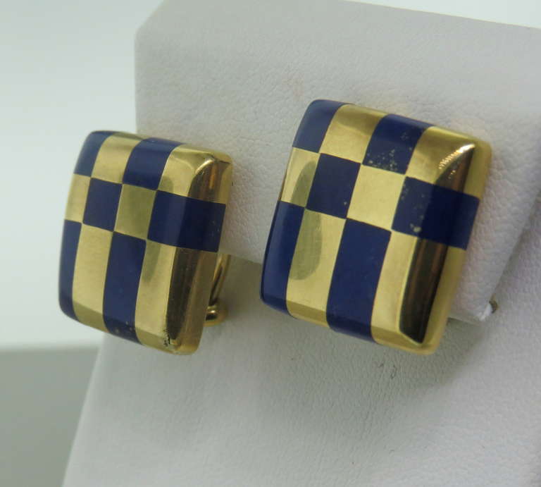 18k gold earrings by Tiffany & Co with inlay lapis. Earrings measure 21mm x 21mm. Marked T &  Co,18k. weigh 17.7g