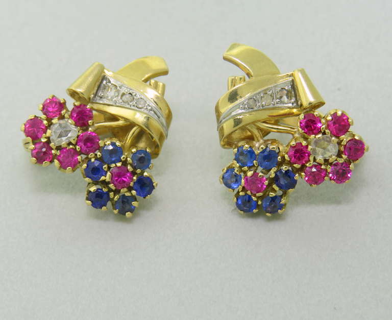 Retro 14k gold flower earrings,featuring diamonds,sapphires and rubies. Earrings are 19mm x 17mm. Marked with European gold marks. weight - 8.5g