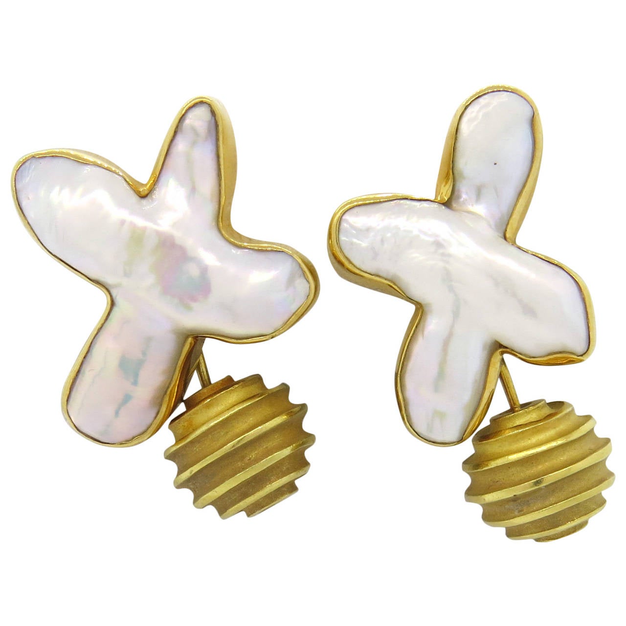 A pair of 18k gold earrings set with Biwa pearls.with removal gold drops.  Crafted by Christopher Walling, the earrings measure 31mm x 25mm (without the drops), and the drops are 13.8mm in diameter.  The weight of the earrings is 31.2 grams