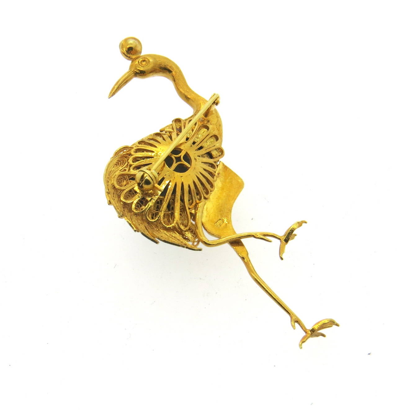 Whimsical Sapphire Ruby Gold Crane Brooch Pin In Excellent Condition In Lambertville, NJ