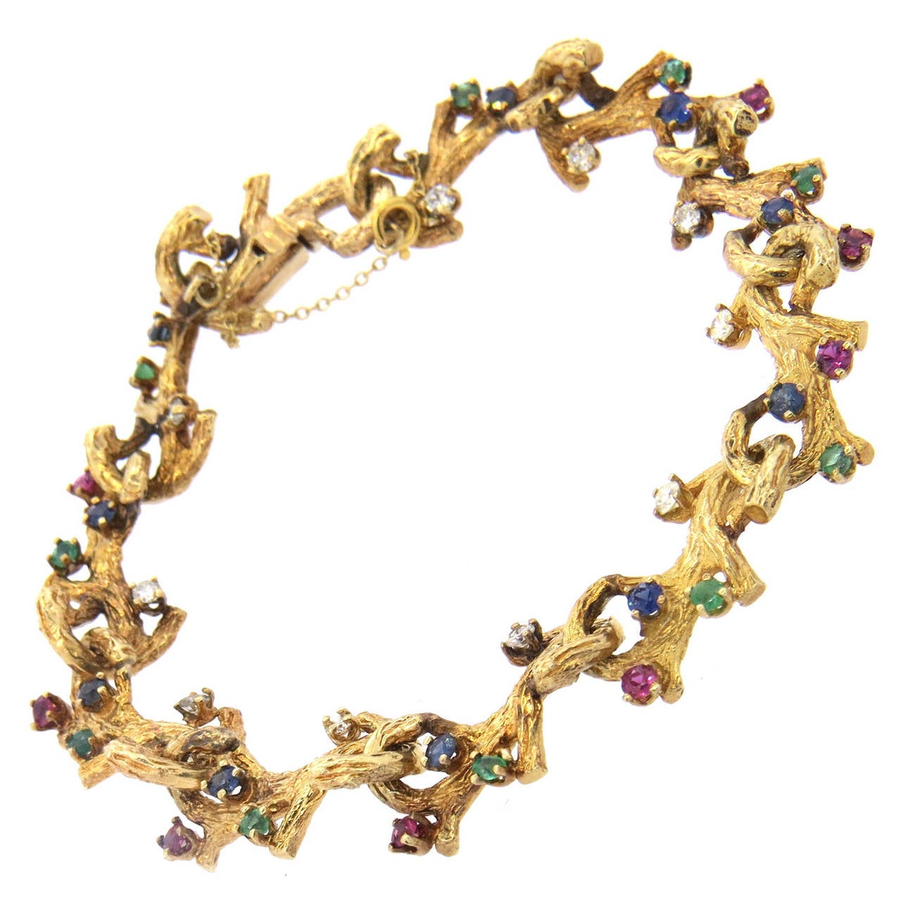 Naturalistic Gold Diamond Emerald Ruby Sapphire Bracelet