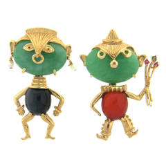 Whimsical Jade Pearl Gold Brooch Pin Set