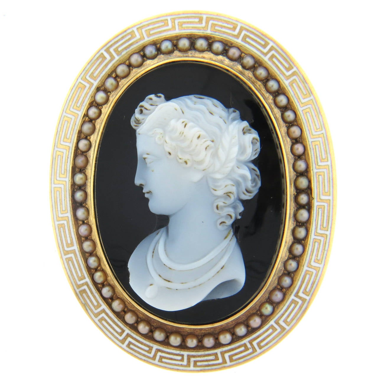 1870s Antique Hardstone Cameo Pearl Gold Brooch Pendant