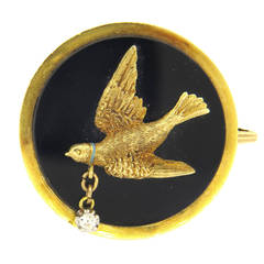 Antique Onyx Diamond Gold Bird Brooch