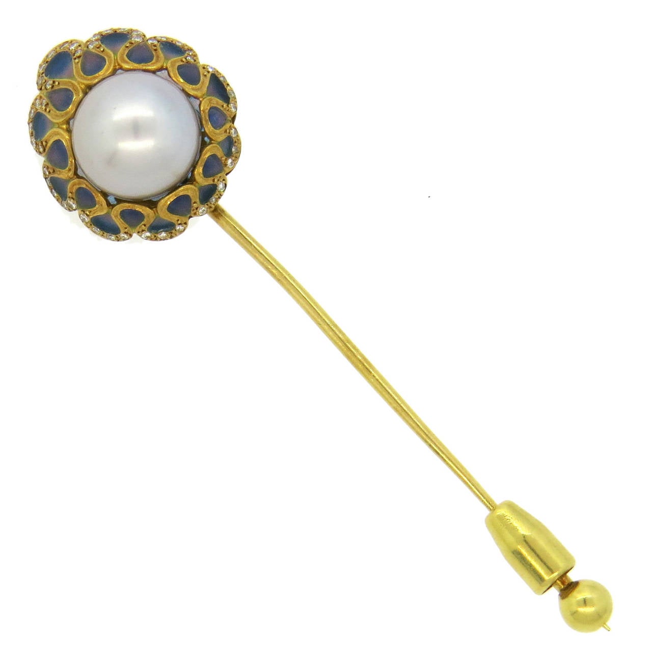 Fine Plique a Jour Enamel South Sea Pearl Diamond Gold Stick Pin