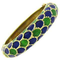 1960s Tiffany & Co Gold Blue Green Enamel Bangle Bracelet