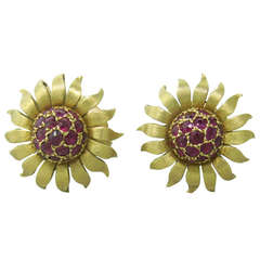 Adorable Mid Century Ruby Gold Flower Earings