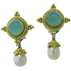 Maz Chalcedony Pearl Diamond Gold Day and Night Drop Earrings