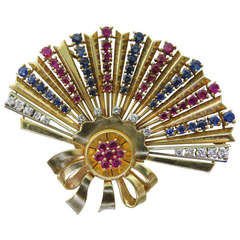 Retro Sapphire Ruby Diamond Gold Fan Brooch Pendant