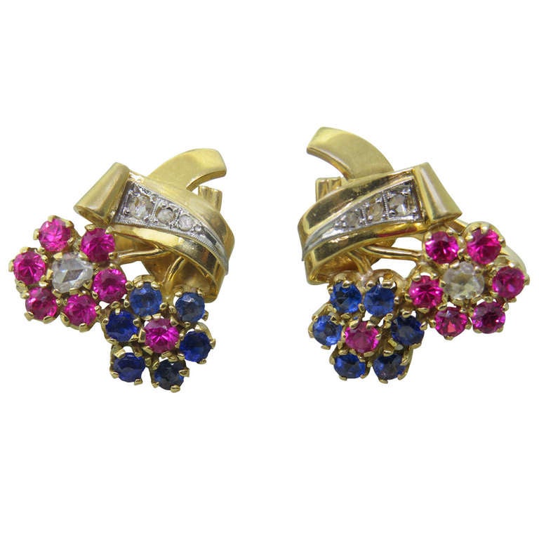 Continental Retro Sapphire Ruby Diamond Gold Earrings
