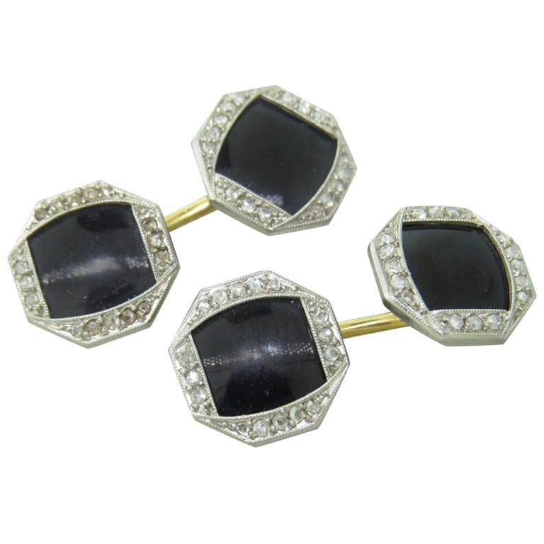 Art Deco Onyx Rose Cut Diamond Cufflinks