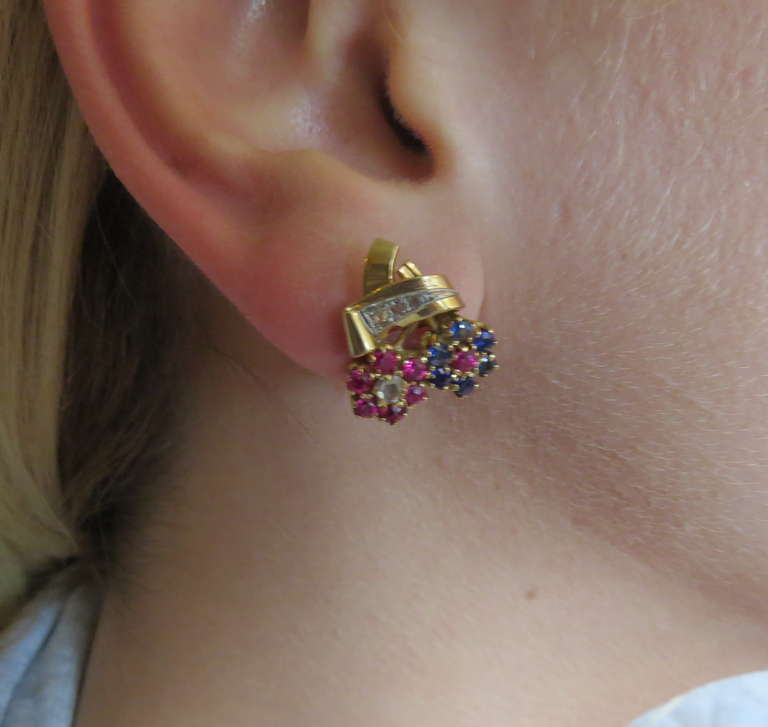 Women's Continental Retro Sapphire Ruby Diamond Gold Earrings