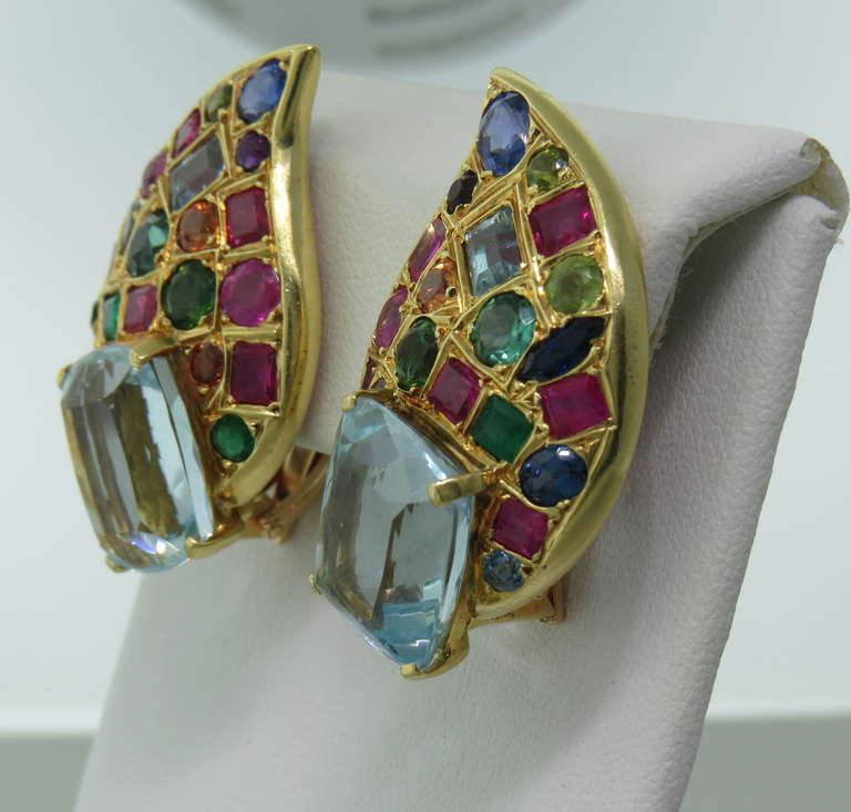 Multicolor Gemstone Gold Earrings In Excellent Condition In Lambertville, NJ