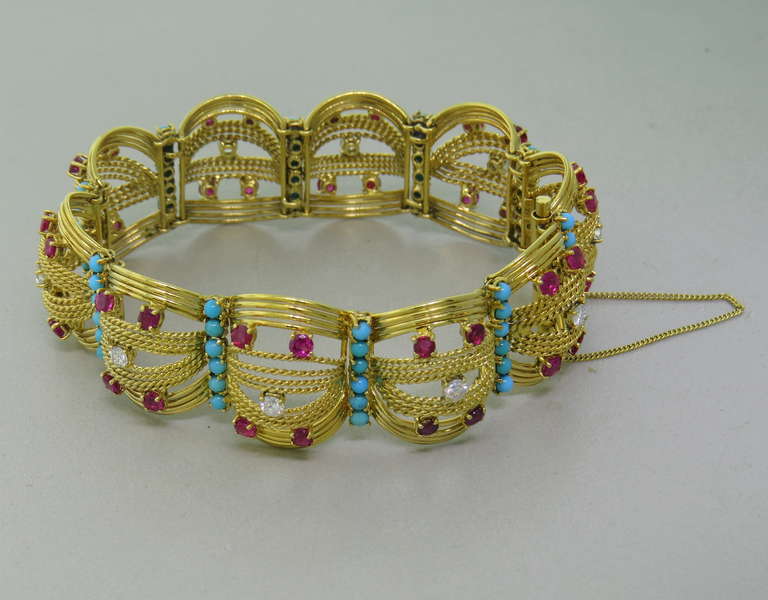 Spritzer and Furman Turquoise Ruby Diamond Gold Bracelet In Excellent Condition In Lambertville, NJ